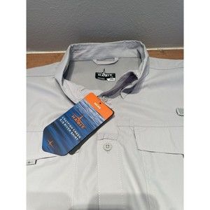 Habit Mens L Crayfish Creek River Short Sleeve Vented Shirt Grey Micro Chip NWT